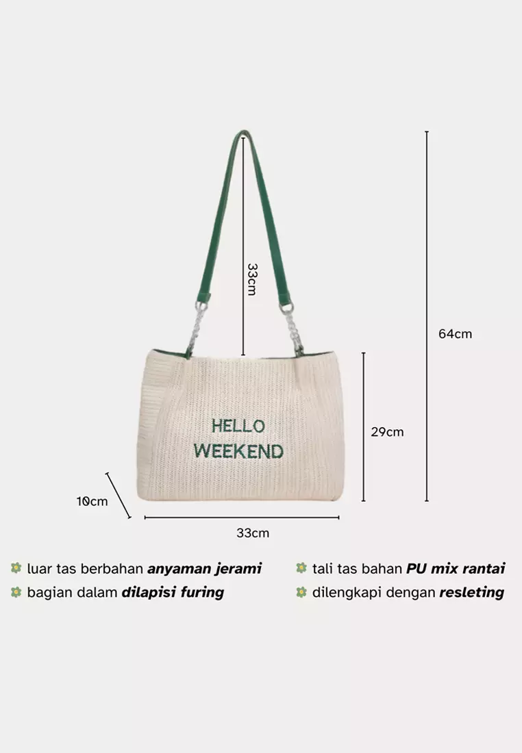 Wakakids Tas Wanita Bahu Shoulder Bag Tote Bag Bahan Anyam Jerami Motif Hello Weekend Venrz Coklat