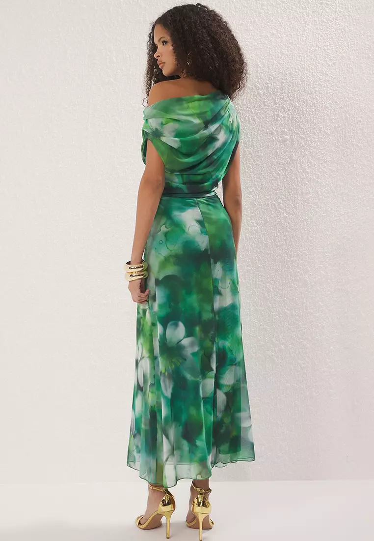 Green-Multicolored Abstract Patterned Lined Tulle Knit Midi Evening Prom Dress TPRSS25EL00015
