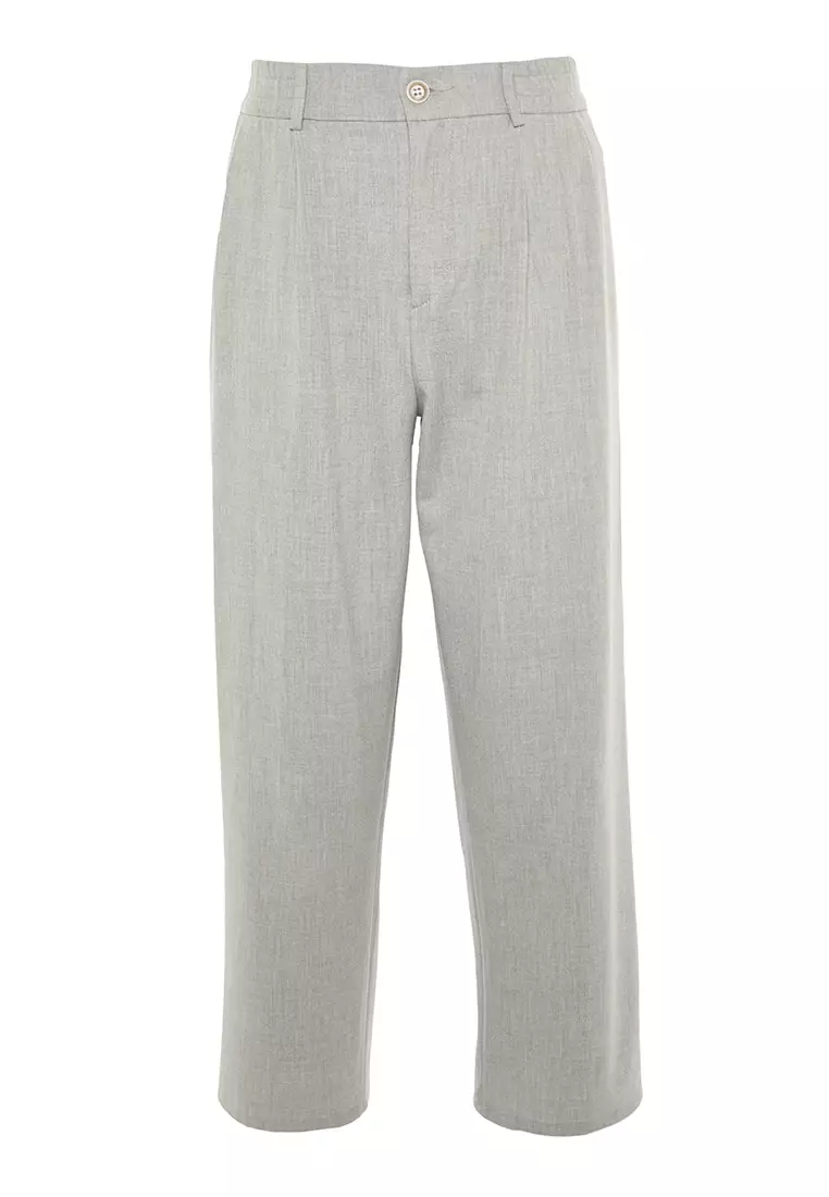 Men's Gray Palazzo Elastic Waist Pleated Pants
