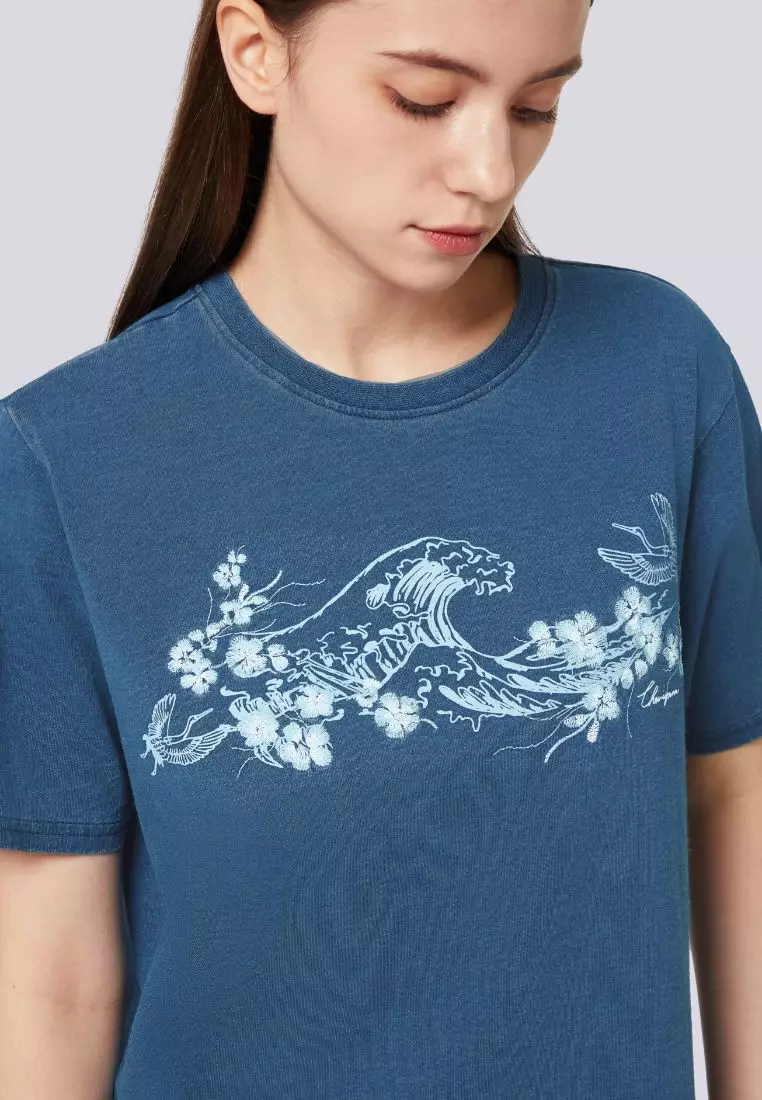 女裝櫻花印花靛藍染T恤