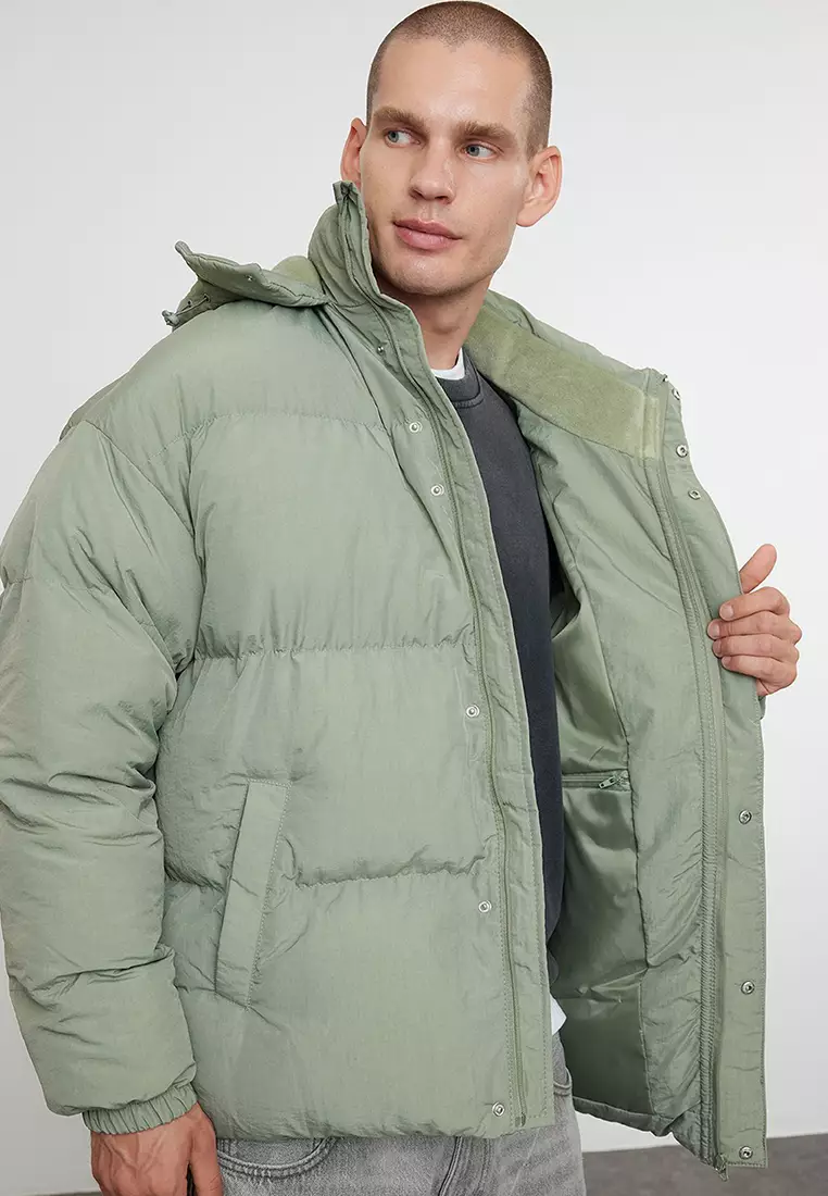 Men's Khaki Oversize Fit Hooded Taslan Winter Puffer Coat TMNAW25MO00005