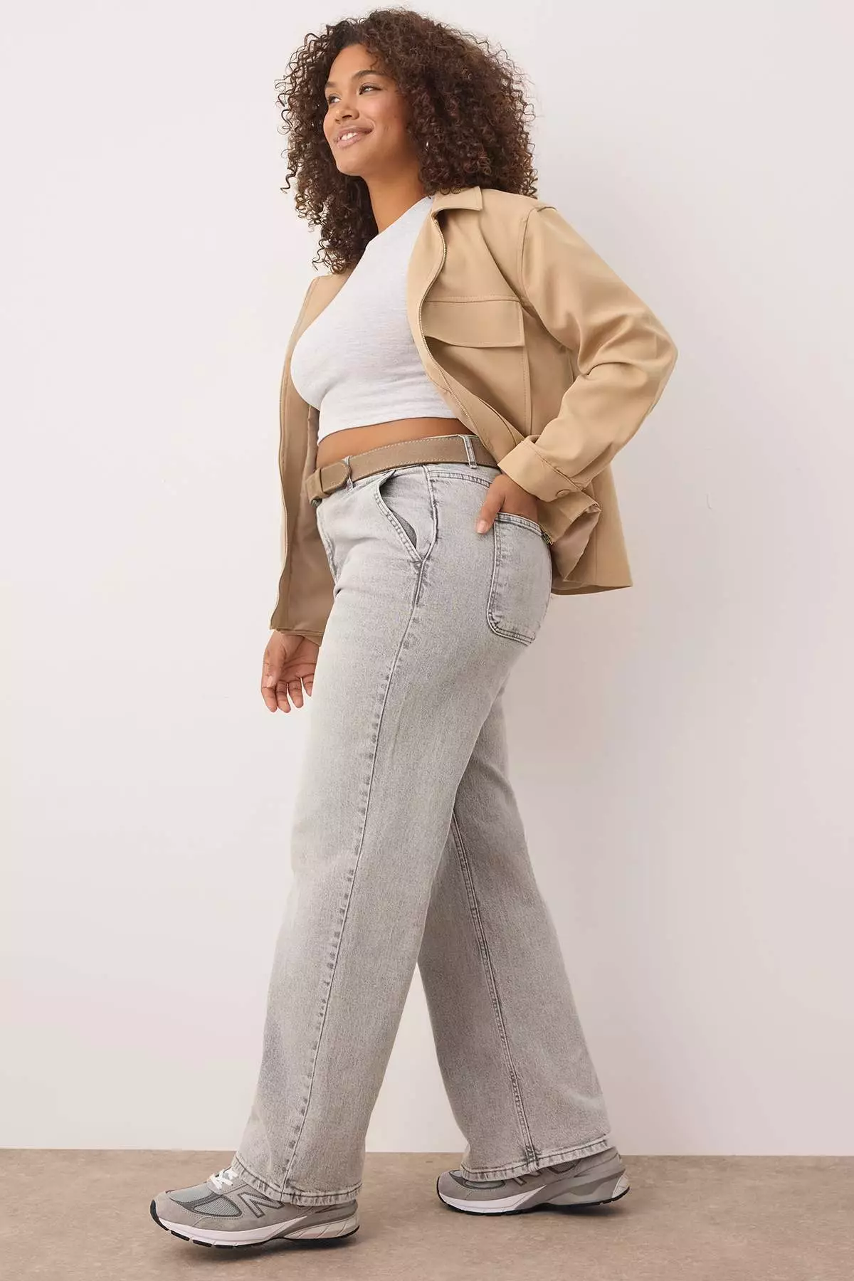 Gray High Waist Wide Leg Plus Size Jeans Tbbss24Cj00048