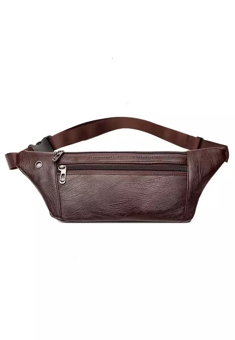 Atera Tas Pinggang Selempang Fashion Pria Waistbag Large Compartment Material Leather Kulit ORIGINAL - Brown