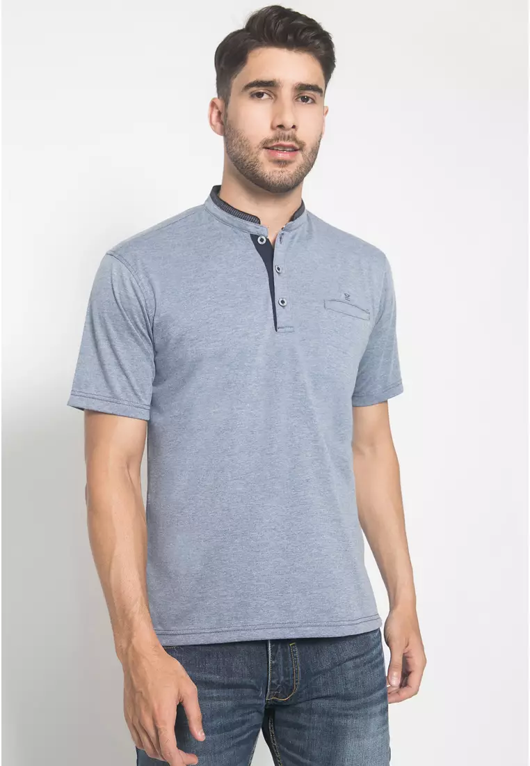 LGS - Regular Fit - Kaos Casual - Motif Polos - Lengan Pendek Kerah Koko Abu