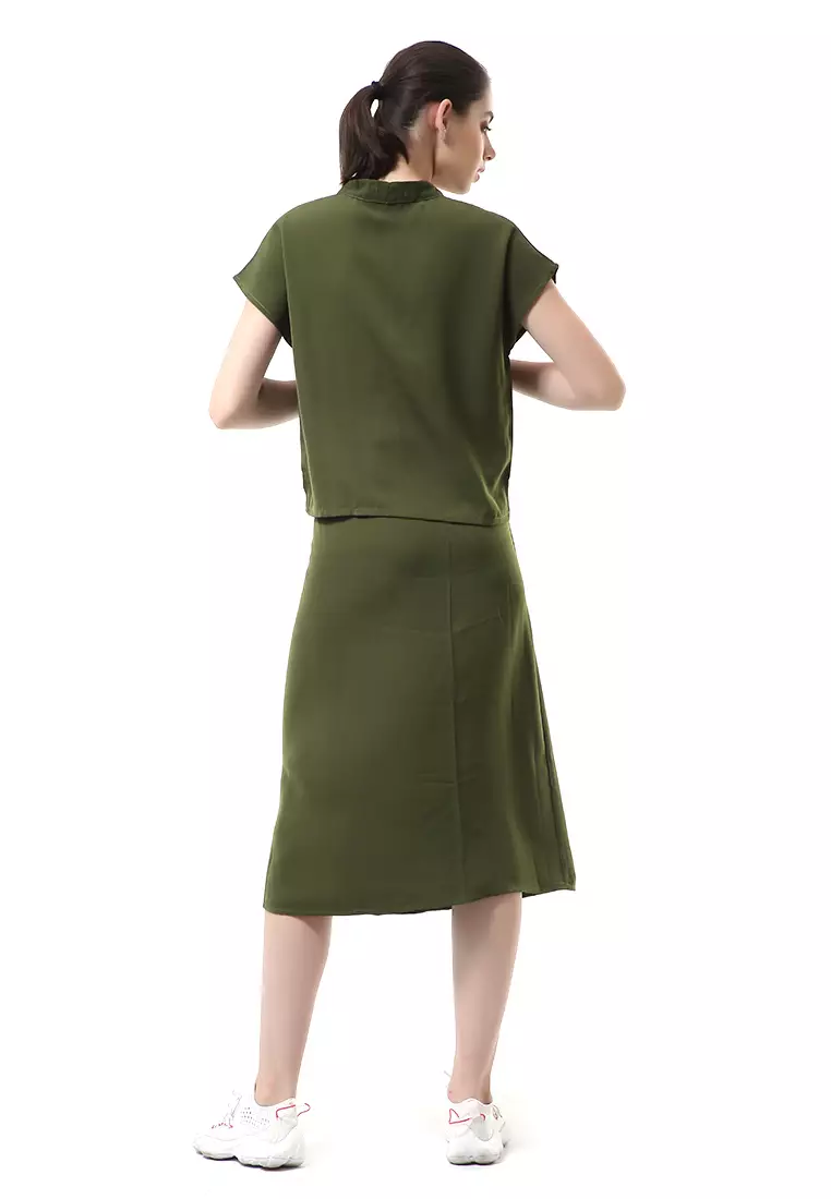 Nayra Setelan Baju & Rok Wanita One Set Adjustable Short Sleeve Material Dolce ORIGINAL - Army