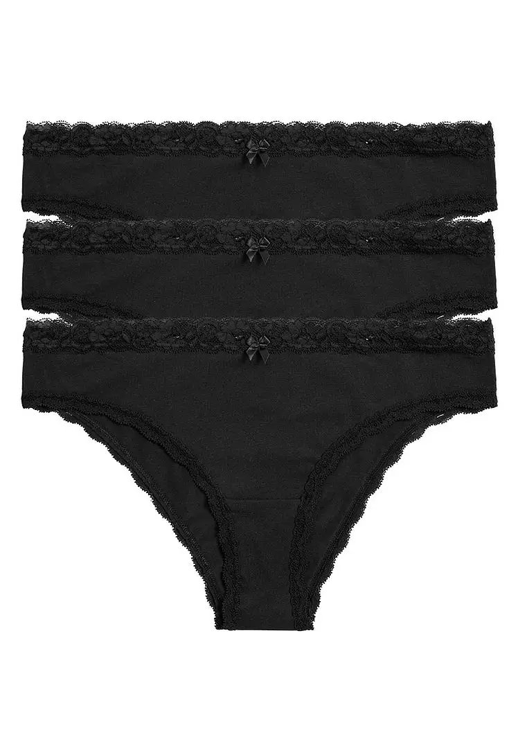 3pk Lace & Mesh High Waisted Brazilian Knickers, M&S Collection
