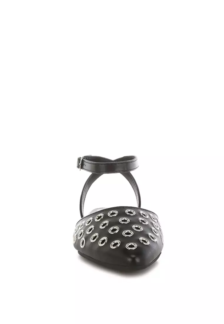 Metallic Eyelet Detail Flat Sandals In Black