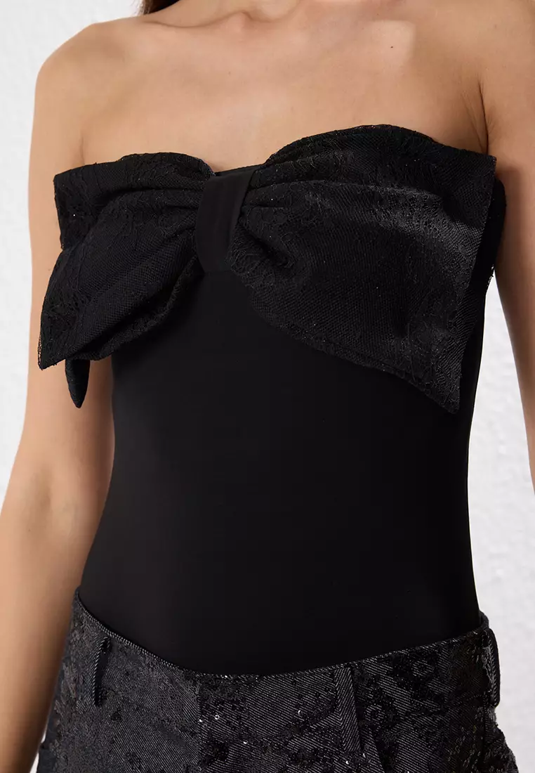 Strapless Bow Snap Knitted Stylish Bodysuit