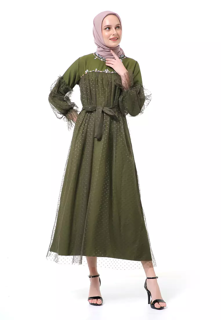 Varsha Dress Wanita Long Sleeve Motif Polos Polkadot High Quality - Army