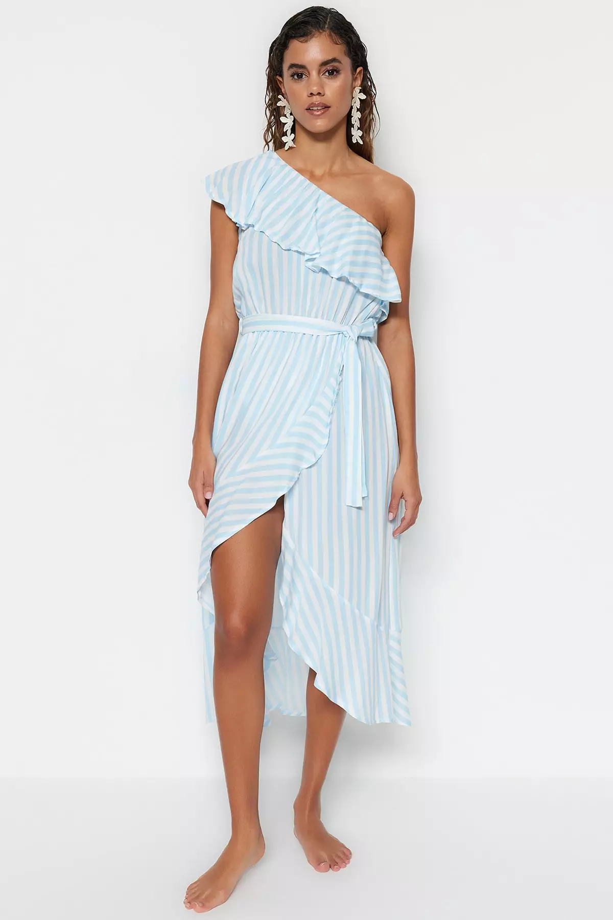 One shoulder ruffle midi dress deals