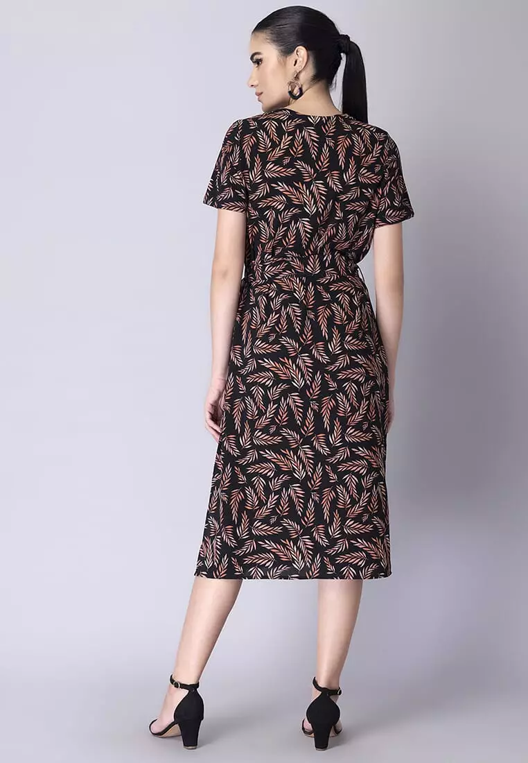 Black Tropical Button Down Belted Midi Dress