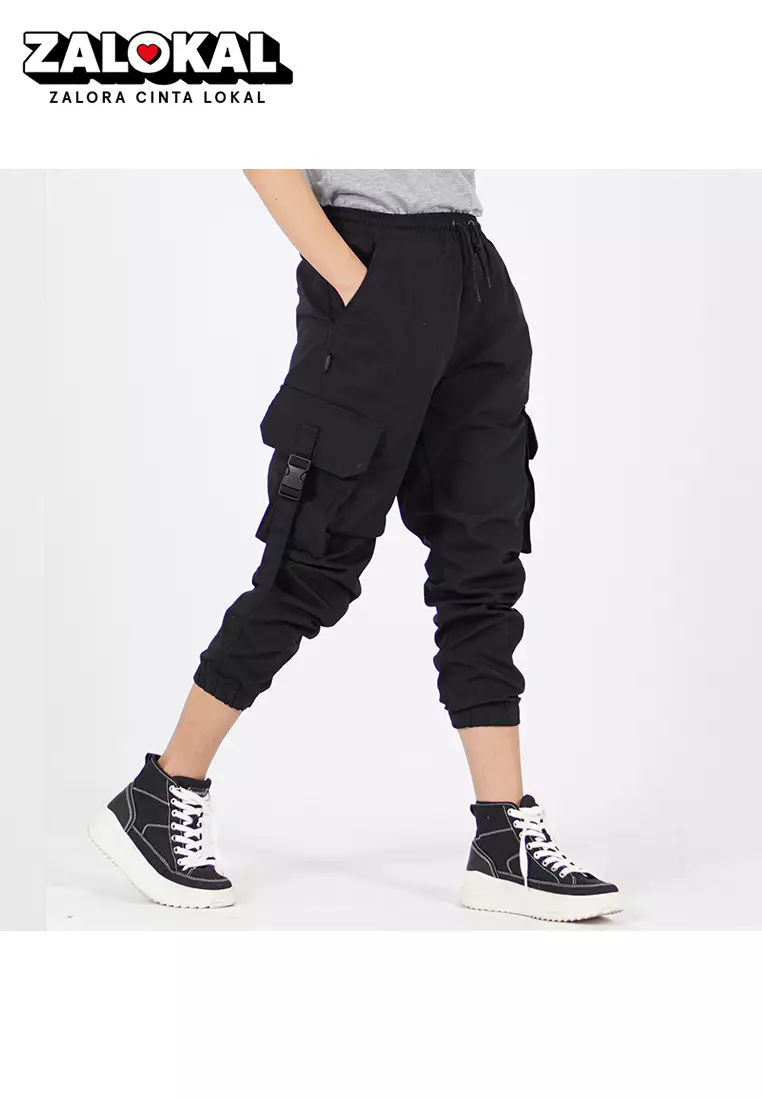  ARTHA Celana Hypebeast Celana Wanita Celana Cargo Jogger Pant - HITAM
