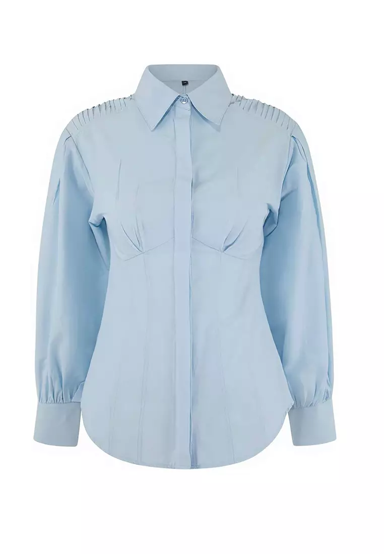 Light Blue Fitted Balloon Sleeve Fitted/Waist-Fitting Cotton Pack Shirts Tctss26Tg00015