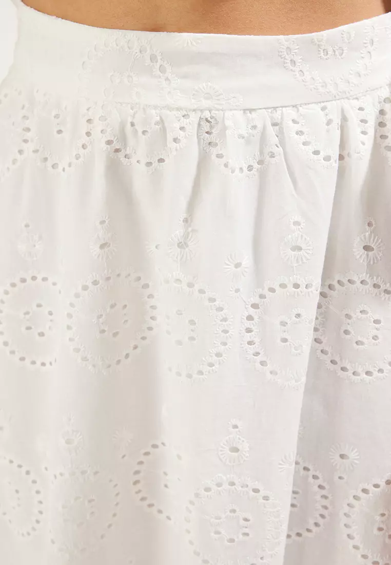 White Embroidered Fabric Maxi Length Woven Skirt