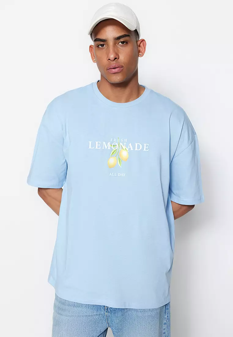 Light Blue Unisex Oversized/Wide Cut Crew Neck Short Sleeve Printed T-Shirt