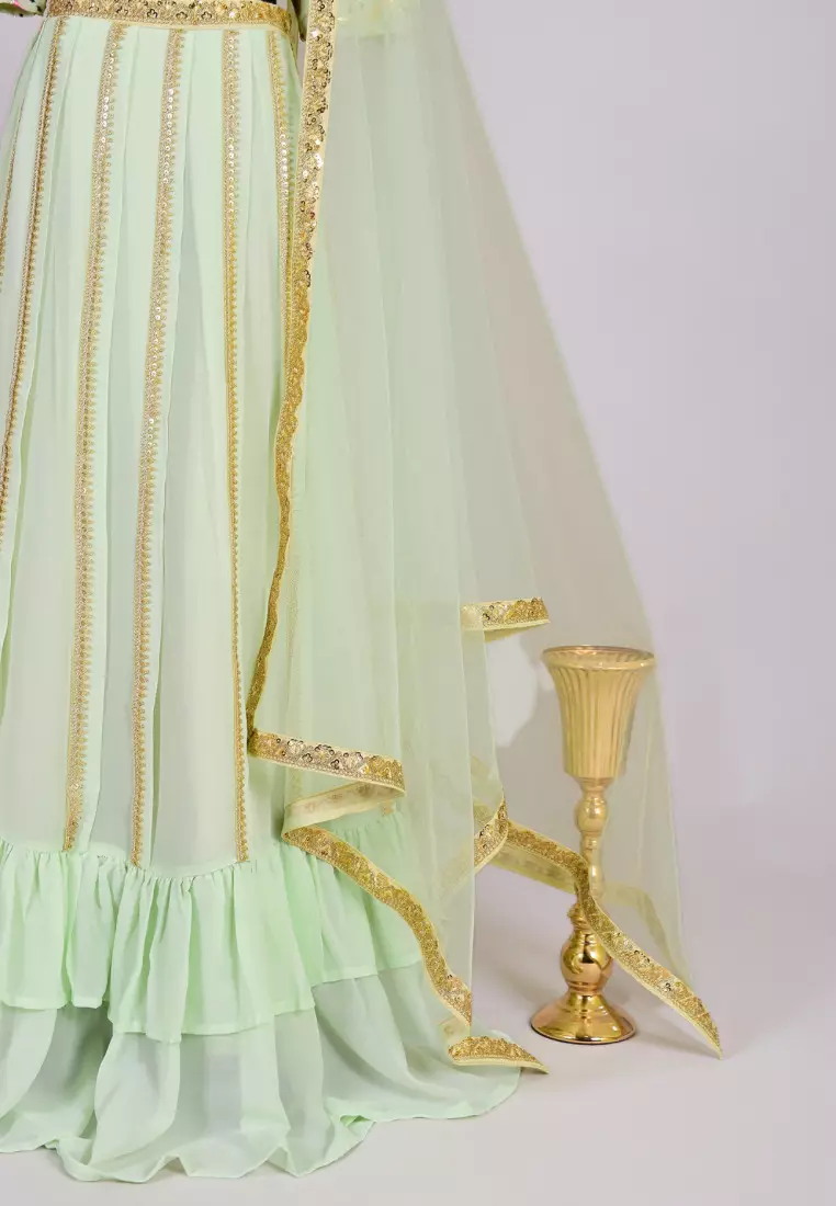 Mint Georgette Sequin-Embroidery Lehenga Skirt Blouse & Dupatta Set
