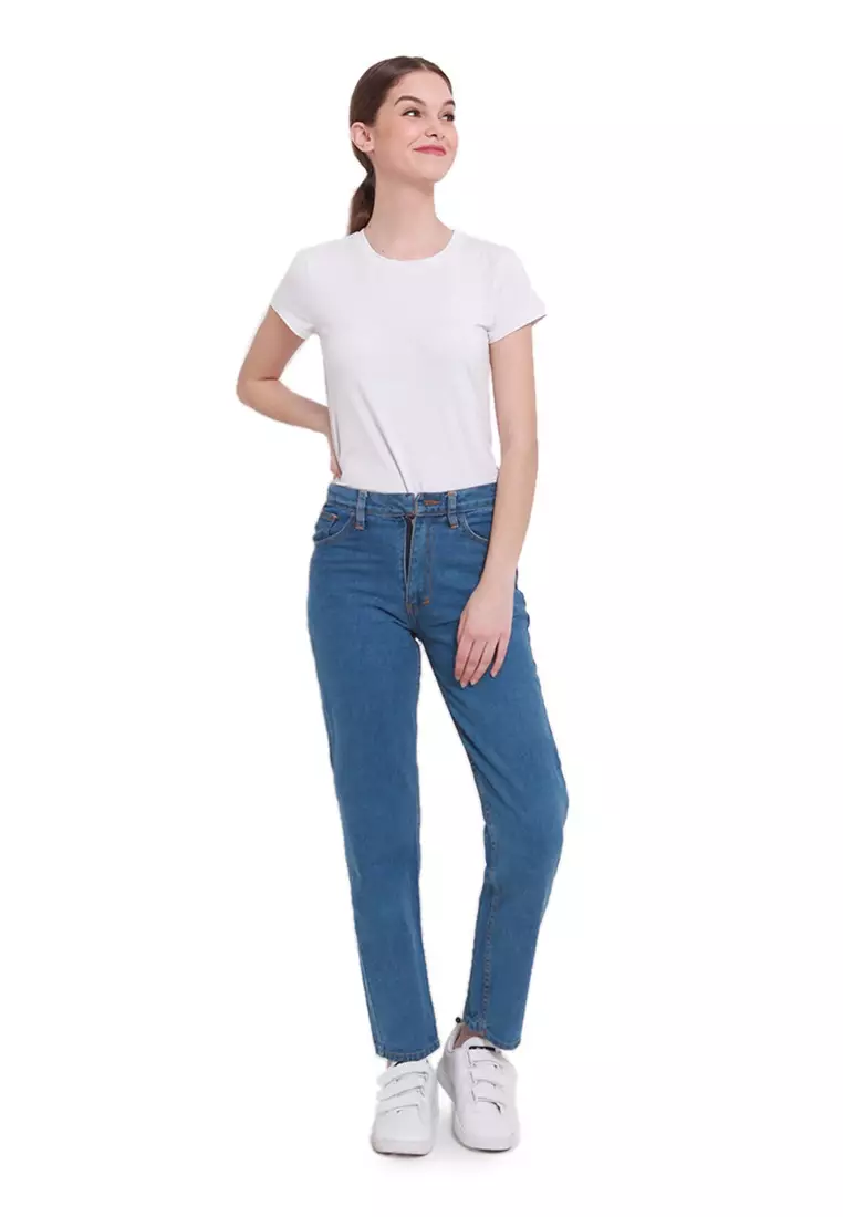 Celana Jeans Boyfriend Motif Plain Bawahan Wanita Regular Fit - Medium Blue
