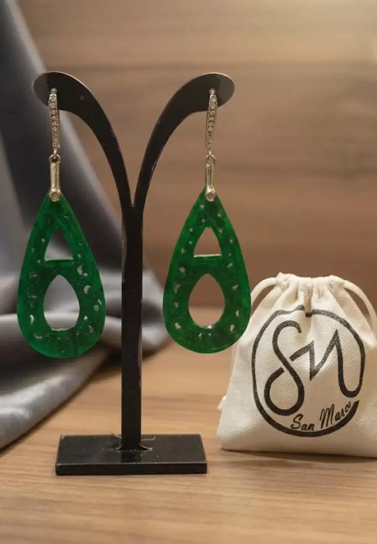 Jade Earrings Tear Drop Shaped With Pearls Anting Wanita Batu Giok Green