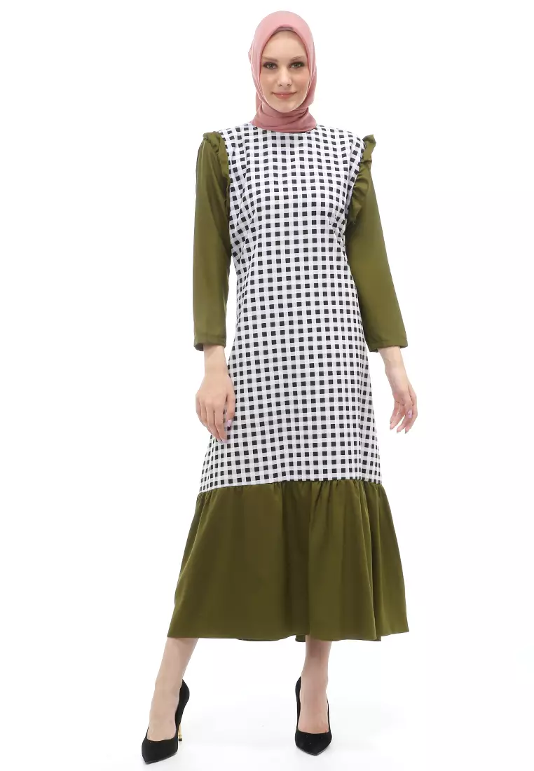 Ghina Gamis Tartan Muslimah Long Casual Wanita Regular Fit - Army