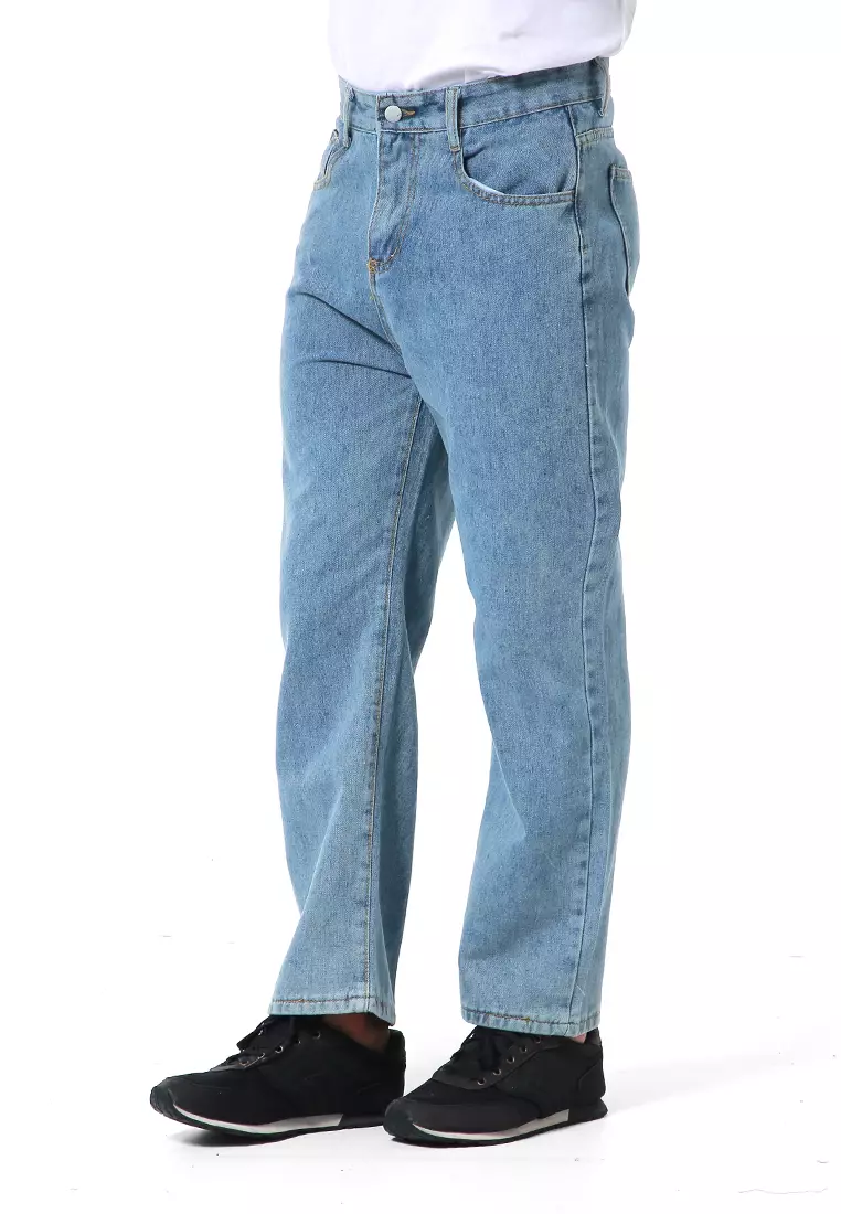 Nemanja Celana Jeans Pria Loose Straight Long Pants Korean Style Material Denim ORIGINAL - Light Blue