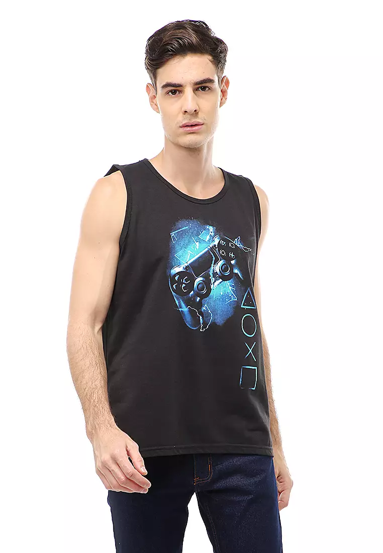 Agies Pakaian Dalam Pria Tank Top Singlet Stick Playstation Motive Material Cotton ORIGINAL - Black