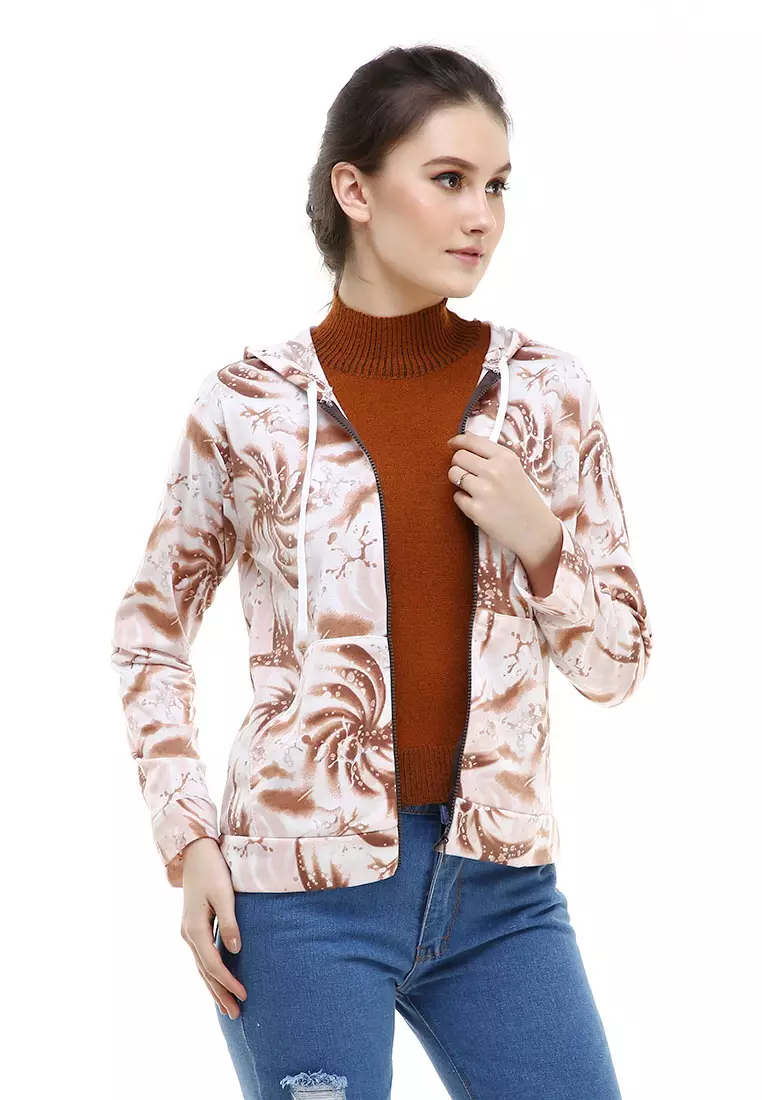 Aciel Jaket Hoodie Tie Dye Lengan Panjang Outerwear Wanita - Coklat