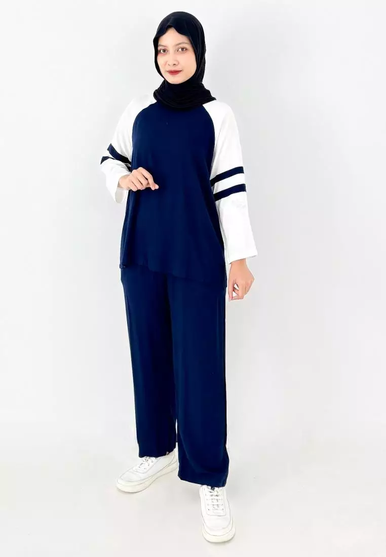 Set Katun Helmi (Setelan Piyama lengan Panjang Wanita) Navy