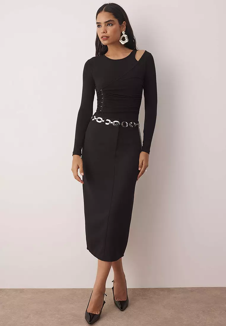 Black Asymmetric Collar Knitted Party Bodysuit Tpraw26Bd00011
