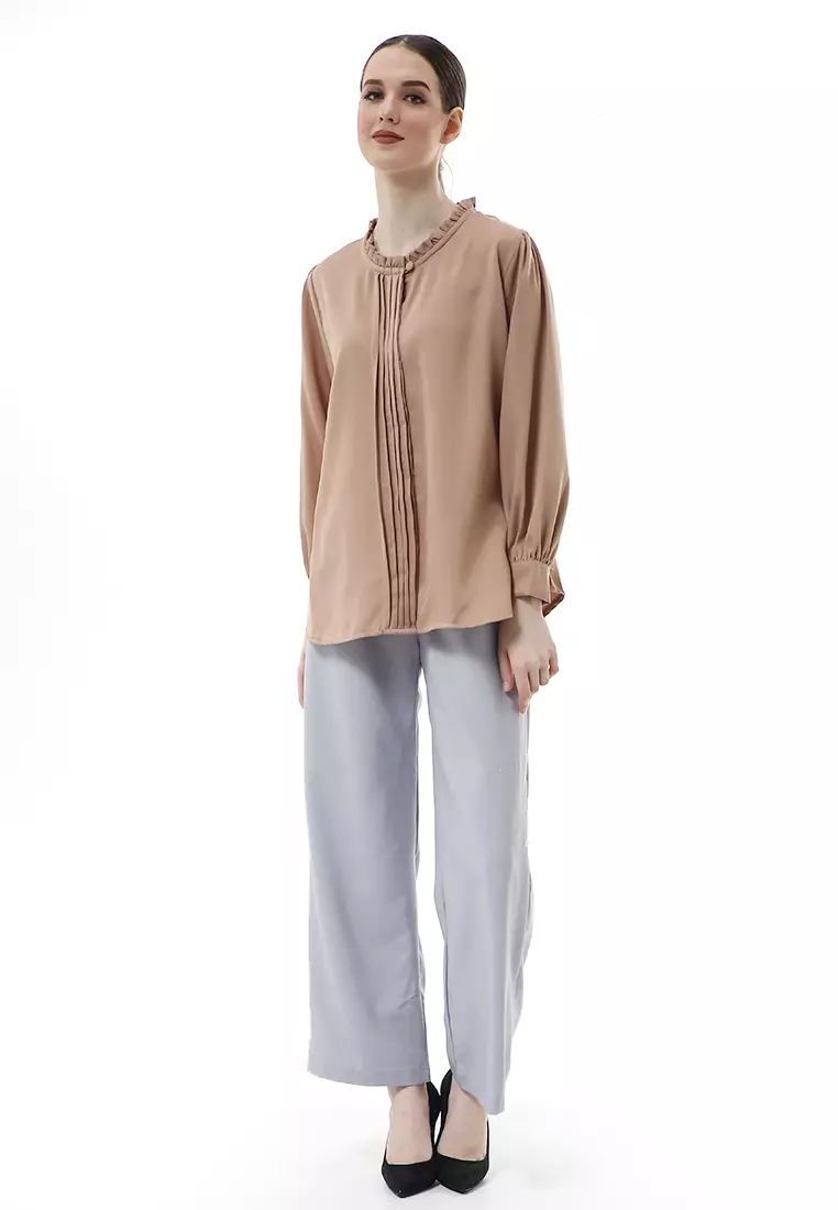 Vionka Kemeja Atasan Wanita Opnaisel Motif Polos - Capuccino