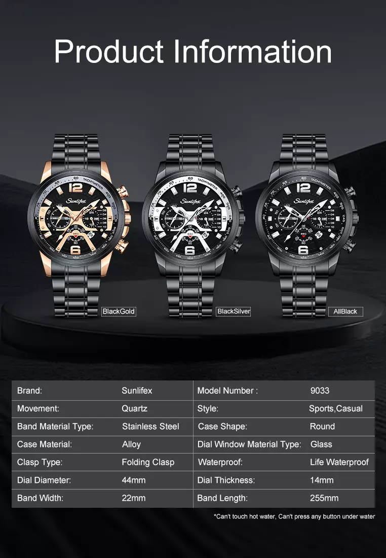 Jam Tangan Pria 9033 Kalender Kasual Kemewahan Tali Stainless Steel Anti Air Jam Tangan Cowok allblack