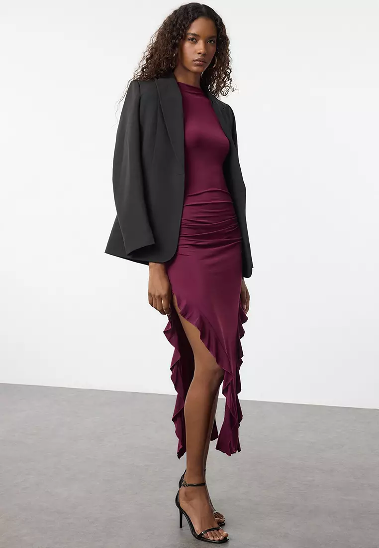 Plum Bodycone Zero Sleeve Slit Ruffle Detail Flexible Maxi Pencil Dress TWOSS24EL00688