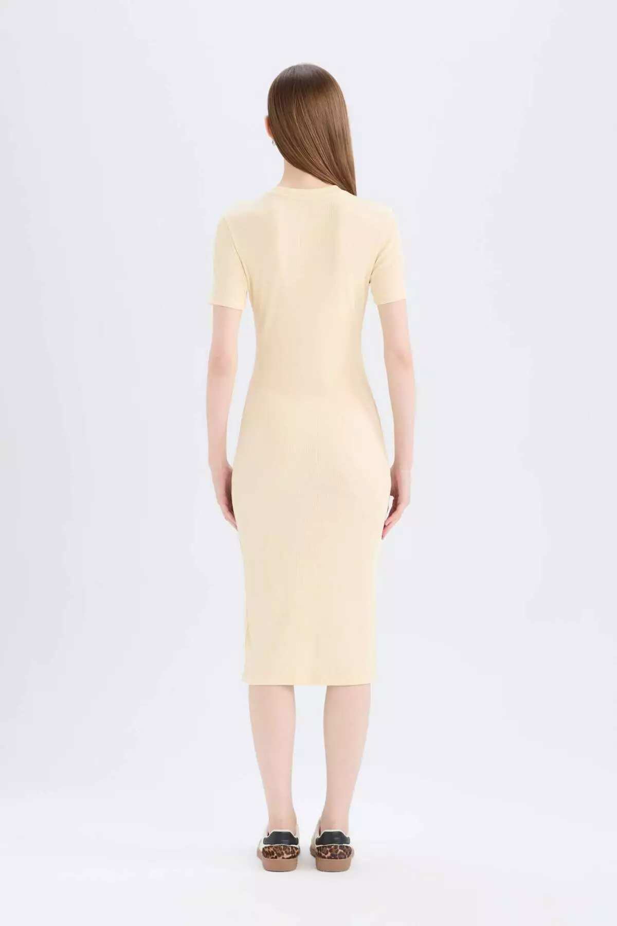 Bodycon Body Hugging Crew Neck Basic Plain Ribbed Camisole Short Sleeve Midi Dress E6926Ax25Sp