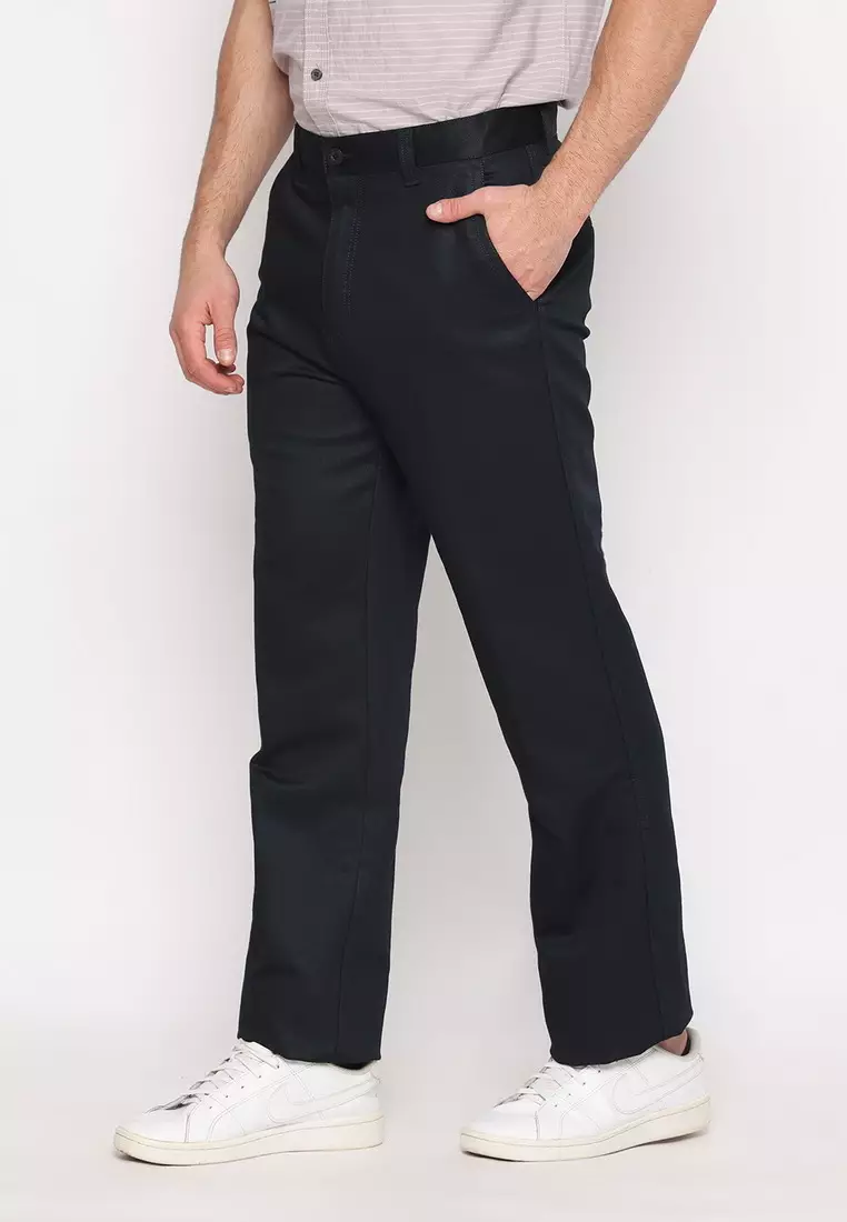 POLICE Celana Panjang Semi Formal Corak Katun Biru Tua Pria