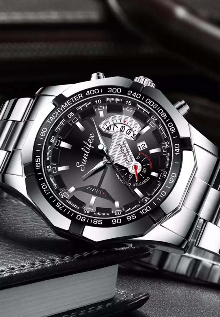 Jam Tangan Pria 9094 Original Kuarsa Kalender Tali Stainless Steel Jam Tangan Cowok(Kotak + Kartu Garansi) silver black