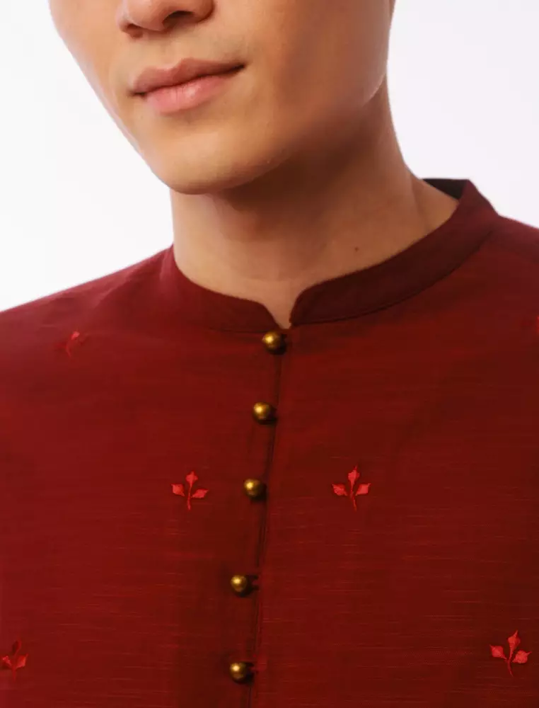 East India Company - Mahfuz Men Regular Fit Long Sleeve embraided Shirt Maroon Embroidered Shirt Maroon