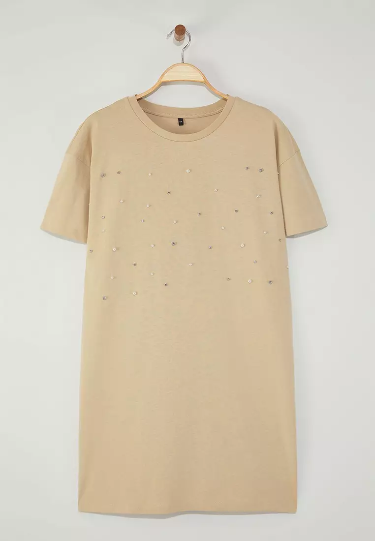 Beige Crew Neck Stoned Plus Size Knitted Dress Tbbss25Ah00057