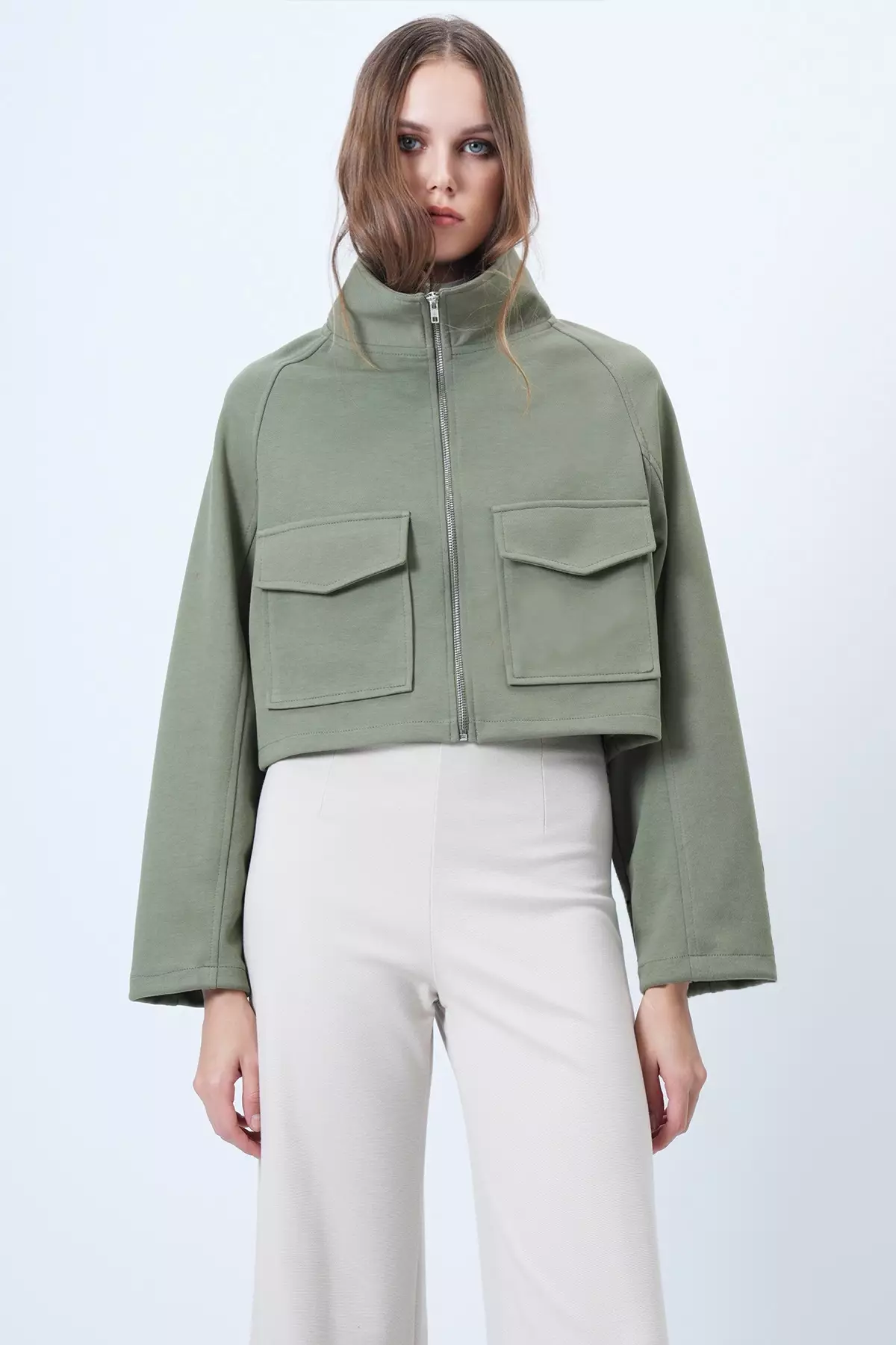 Women'S Khaki Stand Collar Double Pocket Raglan Sleeve Jacket Alc-X14409
