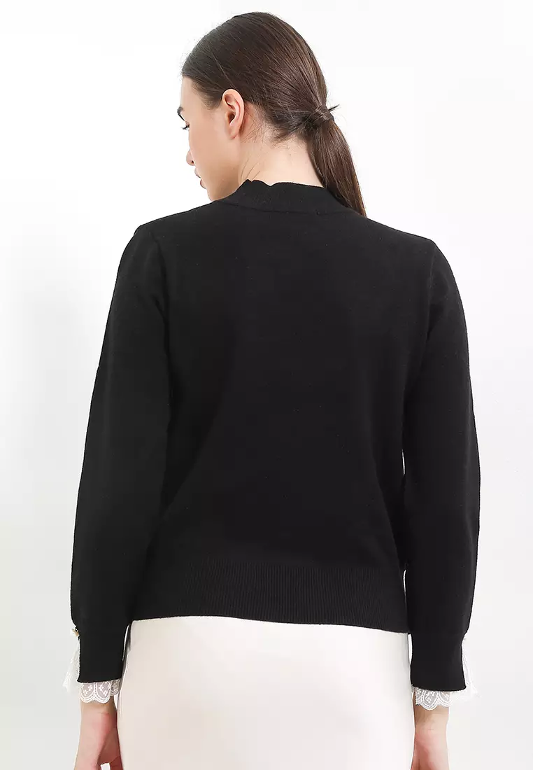 L/S Knit Blouse W/ Lace Trims On Sleeves