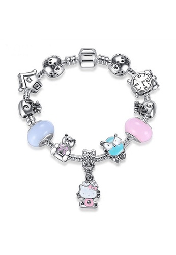 YOUNIQ pink and blue and silver YOUNIQ Silver Charm Bracelet with Kitty Pendant Blue Murano Glass Beads Crystal Love Heart - 16cm 0FA58AC1A19BA0GS_1