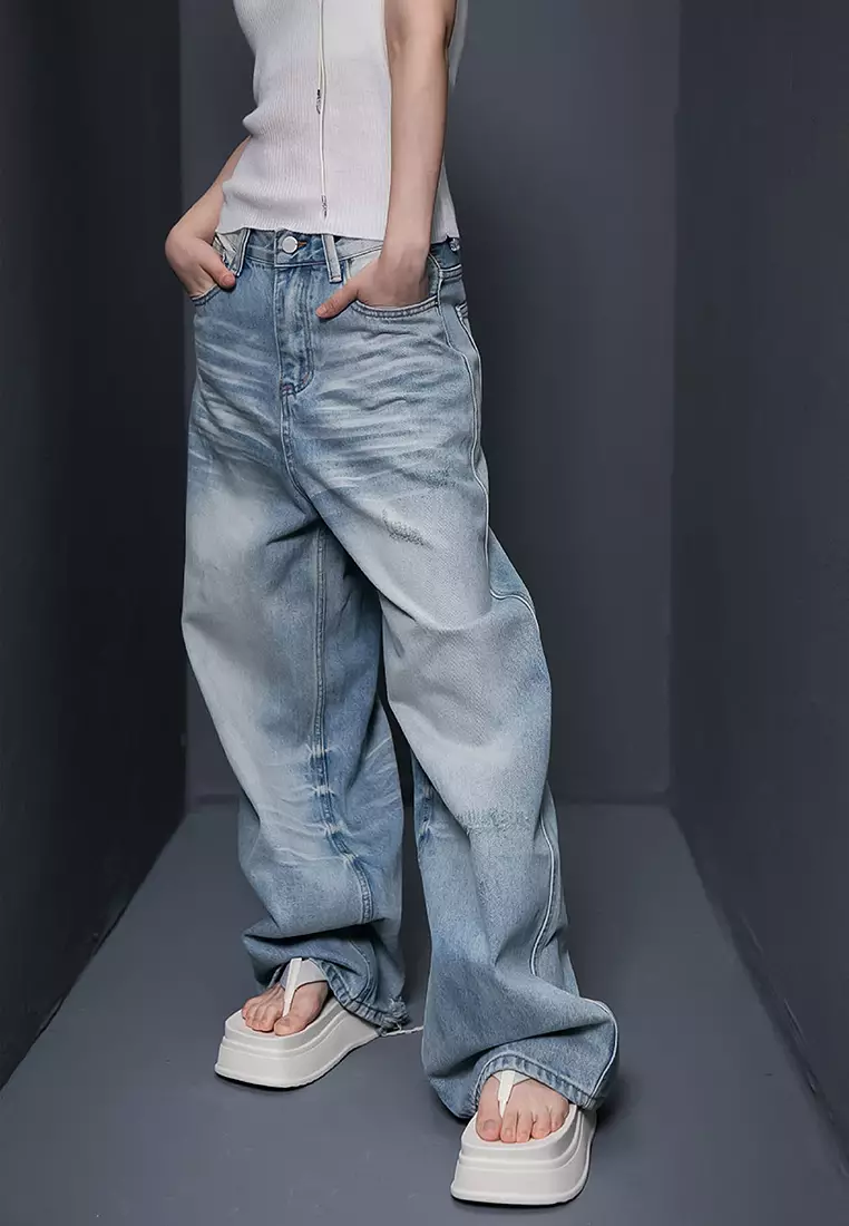 Vintage Wash Distressed Wide-Leg Jeans