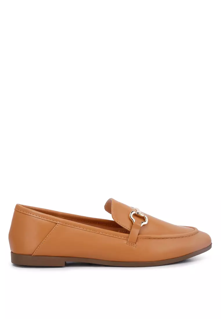 Horsebit Embellished Faux Leather Loafers in Tan