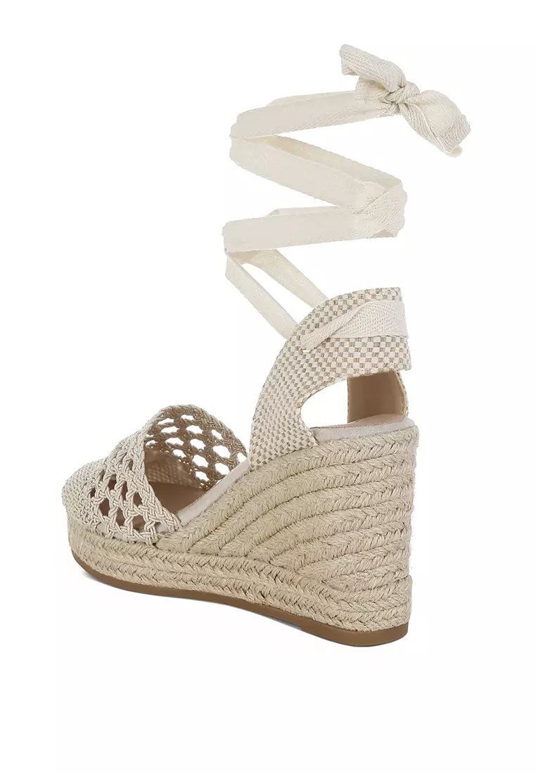 Beige Woven Lace-Up Espadrille Wedges