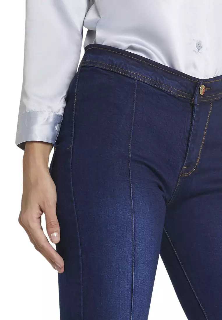Ethelyne Celana Jeans High Waist Lipat Tulang Tengah Bawahan Wanita Casual - Navy