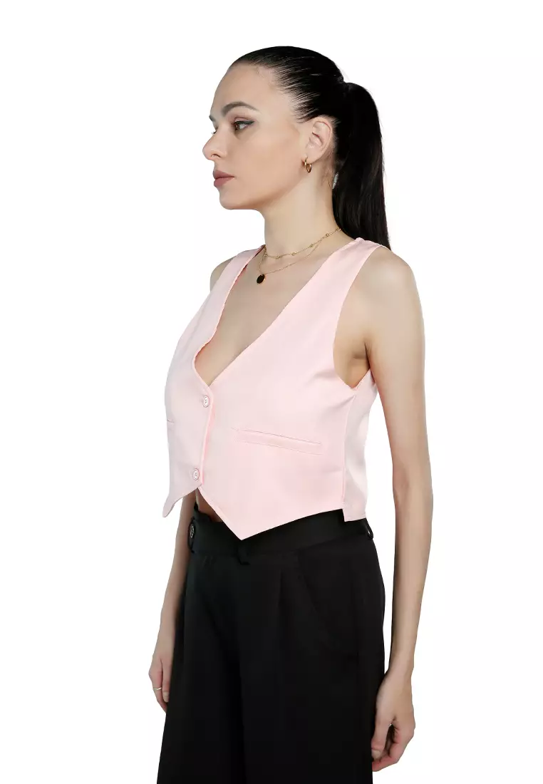 Pink Solid Button Down Vest