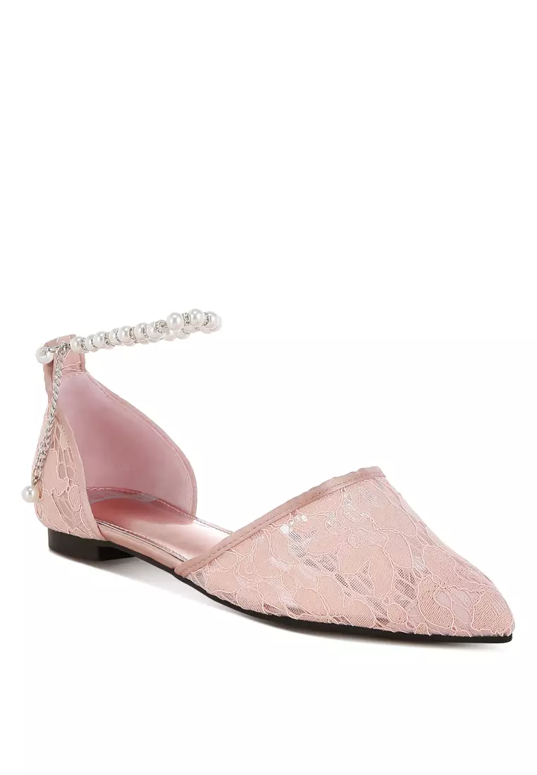 Pearl & Rhinestone Strap Flat Sandals in Blush