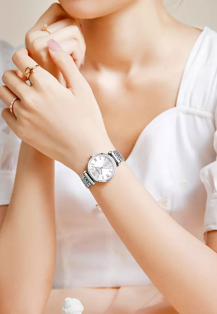 Jam Tangan Wanita Berlian 9018 Original Anggun Santai Wanita Tali Stainless Steel Jam Tangan Cewek white