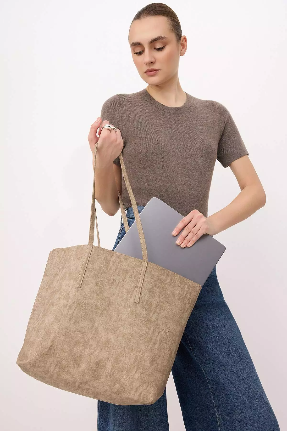 Dark Beige Women'S Maxi Size Shoulder Bag With Computer Bag/Pouch Takss26Oc00031