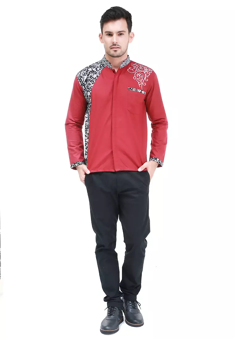 Dwan Kemeja Batik Pria Simple Atasan Formal Longsleeve Shirt Material Cotton ORIGINAL - Red