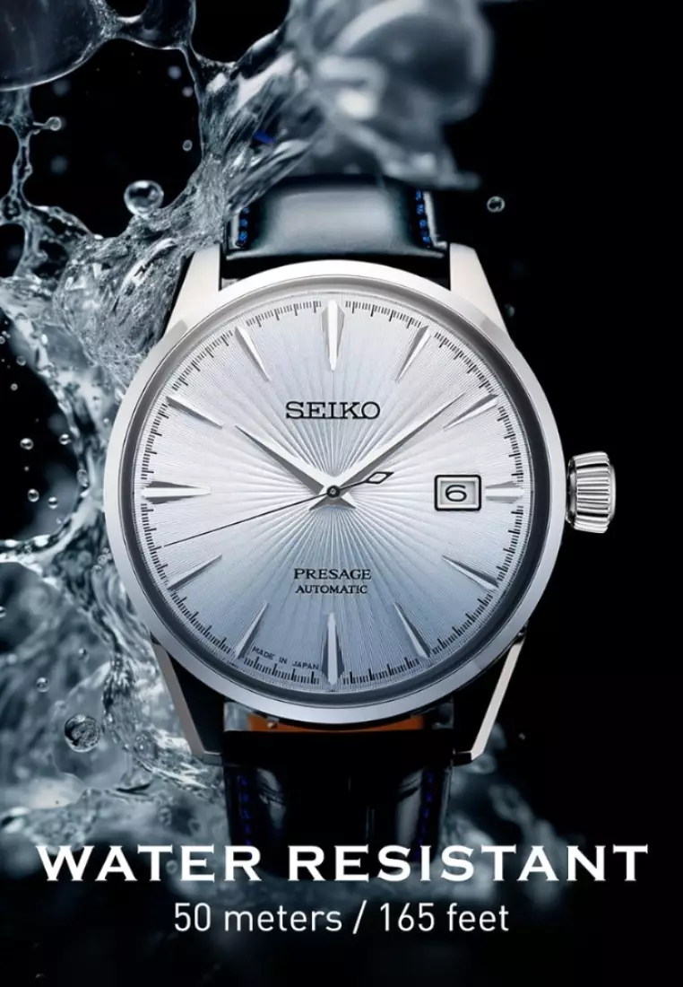 Seiko Presage Cocktail Time ‘Skydiving’ Ice Blue Dial Black Leather Band Automatic Watch SRPB43J1