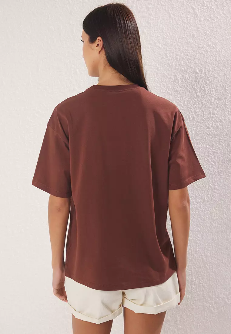 Brown 100% Cotton Premium Oversize/Wide Pattern Crew Neck Knitted T-Shirt TWOSS23TS00040